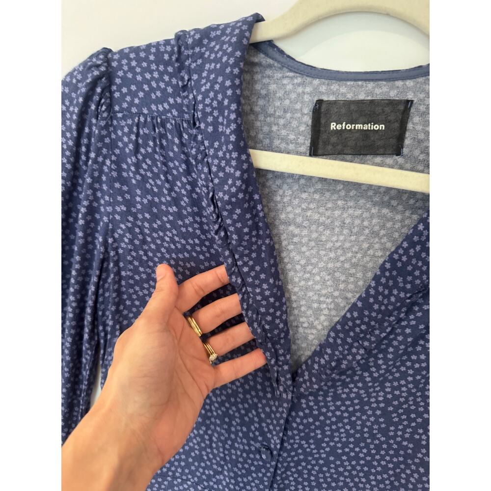 Reformation Martha Mini Dress Blue Hyacinth Ditsy Floral Long Sleeve V-Neck 2 - Picture 3 of 12